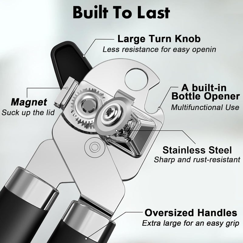 UGNEL 2PCS Can Opener Manual & Bottle Opener, Smooth Edge Manual Can Openers with Strong Magnet, Heavy Duty Stainless Steel Abrelatas Handheld Can Openers - Premium Kitchen Supplies (Black) - Image 4